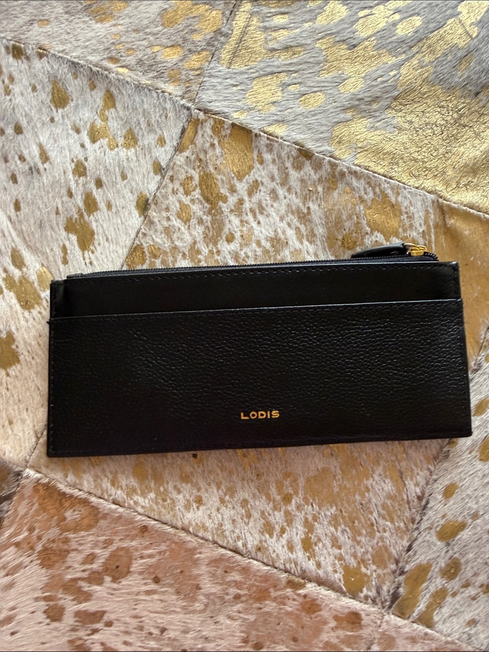 Lodis Black Leather Zip Card Organizer with Gold Logo